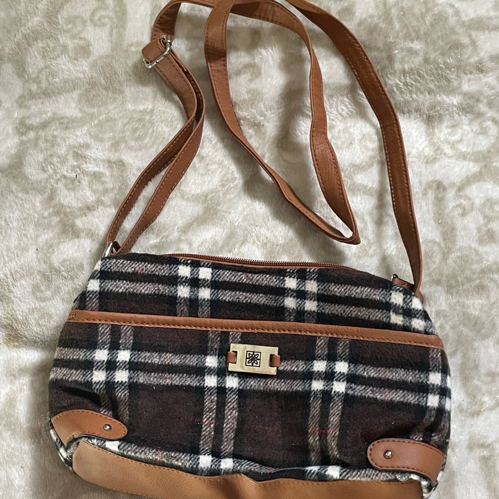 New Directions Brown Plaid Crossbody Bag with Tan Trim
